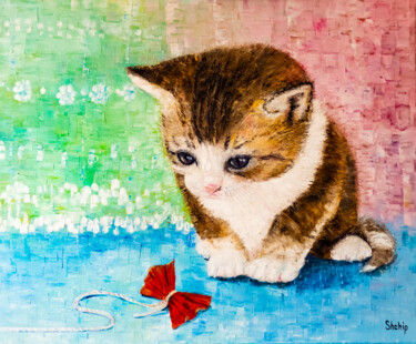 Painting titled "Kitten on the hunt" by Natalia Shchipakina, Original Artwork, Oil Mounted on Wood Stretcher frame