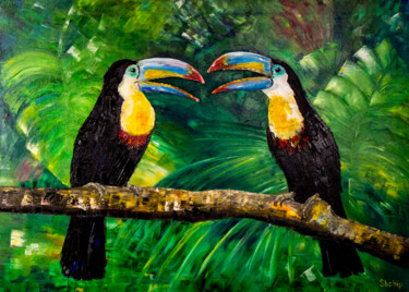 Painting titled "Toucans" by Natalia Shchipakina, Original Artwork, Oil Mounted on Wood Stretcher frame