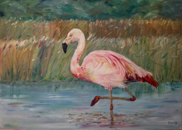 Peinture intitulée "Pink flamingo on th…" par Natalia Shchipakina, Œuvre d'art originale, Huile Monté sur Châssis en bois