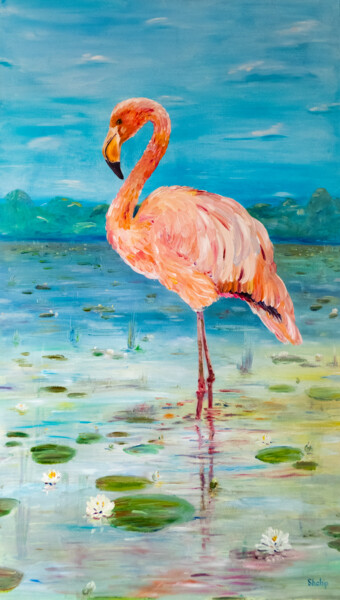 Painting titled "Flamingo. Costa Bra…" by Natalia Shchipakina, Original Artwork, Oil Mounted on Wood Stretcher frame