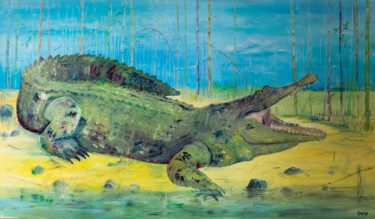 Schilderij getiteld "Green crocodile" door Natalia Shchipakina, Origineel Kunstwerk, Olie Gemonteerd op Frame voor houten br…