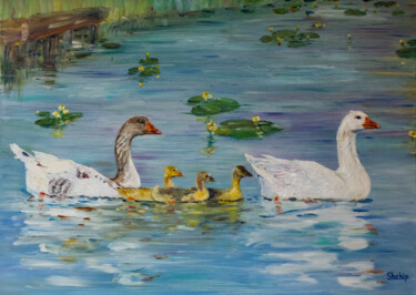 Painting titled "Geese on the pond" by Natalia Shchipakina, Original Artwork, Oil Mounted on Wood Stretcher frame