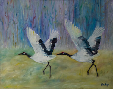 Painting titled "White cranes" by Natalia Shchipakina, Original Artwork, Oil Mounted on Cardboard