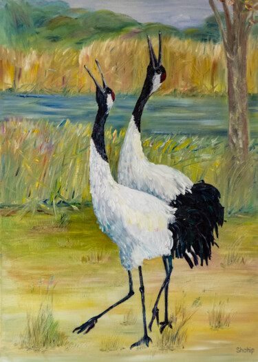 Painting titled "Fall. Cranes" by Natalia Shchipakina, Original Artwork, Oil Mounted on Wood Stretcher frame