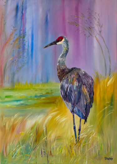 Schilderij getiteld "Crane in a violet f…" door Natalia Shchipakina, Origineel Kunstwerk, Olie Gemonteerd op Frame voor hout…