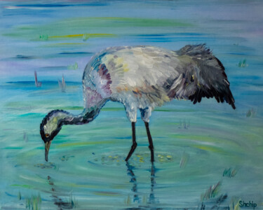 Painting titled "Crane in water" by Natalia Shchipakina, Original Artwork, Oil Mounted on Cardboard