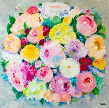 Painting titled "Bouquet - view from…" by Natalia Shchipakina, Original Artwork, Oil Mounted on Wood Stretcher frame