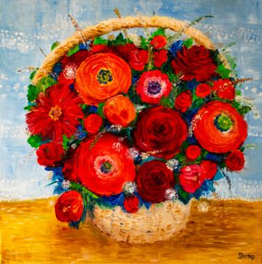 Painting titled "Flowers in a basket" by Natalia Shchipakina, Original Artwork, Oil Mounted on Wood Stretcher frame
