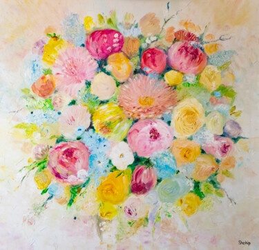 Painting titled "Bouquet in pastel c…" by Natalia Shchipakina, Original Artwork, Oil Mounted on Wood Stretcher frame