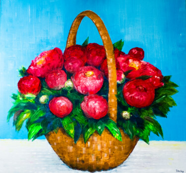 Painting titled "Bouquet of red peon…" by Natalia Shchipakina, Original Artwork, Oil Mounted on Wood Stretcher frame