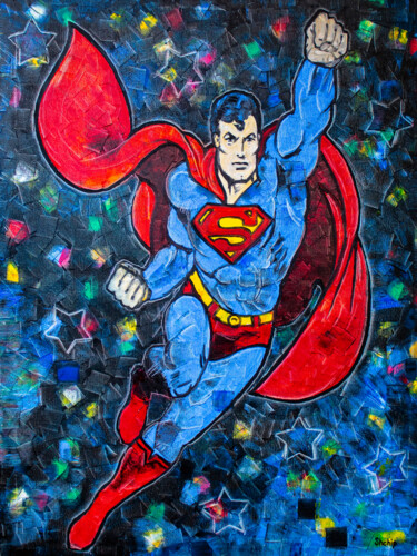 Painting titled "Superman - flight t…" by Natalia Shchipakina, Original Artwork, Oil Mounted on Wood Stretcher frame