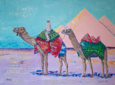 Painting titled "Egypt. Boy on a cam…" by Natalia Shchipakina, Original Artwork, Oil Mounted on Wood Stretcher frame