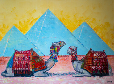 Painting titled "Egypt. Сamel - ship…" by Natalia Shchipakina, Original Artwork, Oil Mounted on Wood Stretcher frame