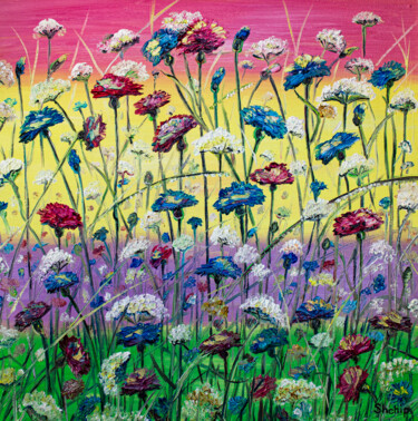 Painting titled "Cornflower field" by Natalia Shchipakina, Original Artwork, Oil Mounted on Wood Stretcher frame