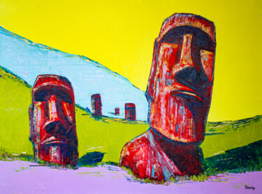 Painting titled "Chile. Moai. Throug…" by Natalia Shchipakina, Original Artwork, Oil Mounted on Wood Stretcher frame