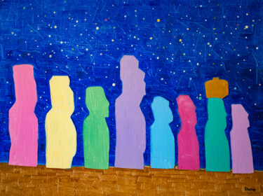 Painting titled "Moai - star gazing" by Natalia Shchipakina, Original Artwork, Oil Mounted on Wood Stretcher frame