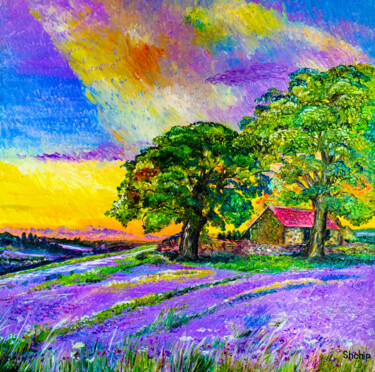 Painting titled "Lilac sunset" by Natalia Shchipakina, Original Artwork, Oil Mounted on Wood Stretcher frame