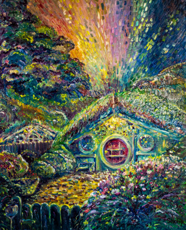 Painting titled "Evening in the Shire" by Natalia Shchipakina, Original Artwork, Oil Mounted on Wood Stretcher frame