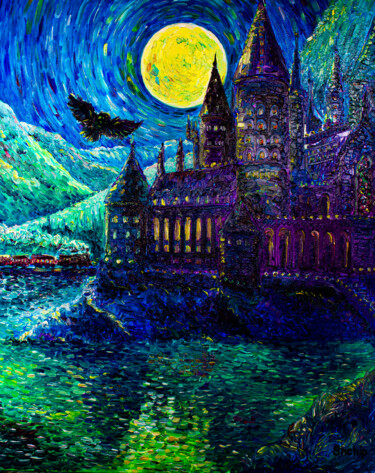 Painting titled "Hogwarts in the moo…" by Natalia Shchipakina, Original Artwork, Oil Mounted on Wood Stretcher frame
