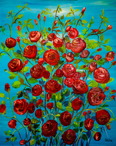 Painting titled "Red roses" by Natalia Shchipakina, Original Artwork, Oil Mounted on Wood Stretcher frame