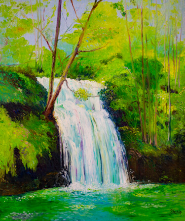 Painting titled "Mystical waterfall" by Natalia Shchipakina, Original Artwork, Oil Mounted on Wood Stretcher frame