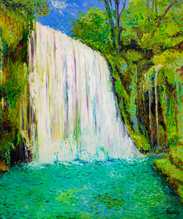 Painting titled "Waterfall in the ol…" by Natalia Shchipakina, Original Artwork, Oil Mounted on Wood Stretcher frame