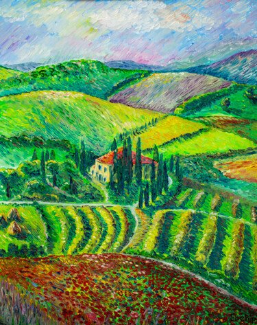 Painting titled "Fields of Italy" by Natalia Shchipakina, Original Artwork, Oil Mounted on Wood Stretcher frame