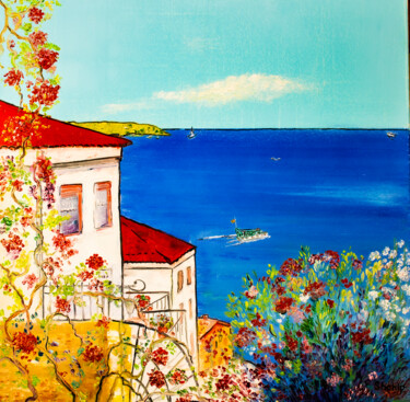 Painting titled "House by the sea" by Natalia Shchipakina, Original Artwork, Oil Mounted on Wood Stretcher frame