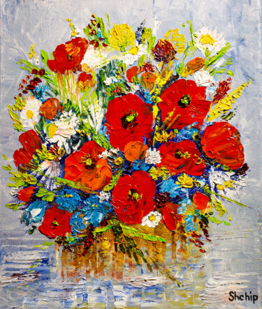 Painting titled "Bouquet with scarle…" by Natalia Shchipakina, Original Artwork, Oil Mounted on Wood Stretcher frame