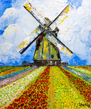 Painting titled "Windmill. Holland" by Natalia Shchipakina, Original Artwork, Oil Mounted on Wood Stretcher frame