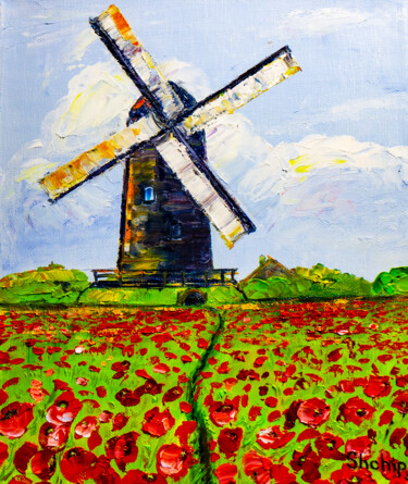 Painting titled "A mill in a poppy" by Natalia Shchipakina, Original Artwork, Oil Mounted on Wood Stretcher frame
