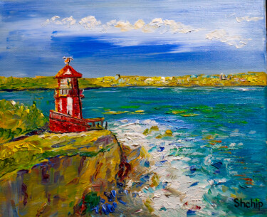 Painting titled "Lighthouse by the s…" by Natalia Shchipakina, Original Artwork, Oil Mounted on Wood Stretcher frame