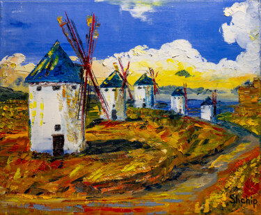 Painting titled "Windmills of La Man…" by Natalia Shchipakina, Original Artwork, Oil Mounted on Wood Stretcher frame