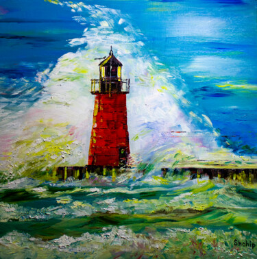Painting titled "Red lighthouse" by Natalia Shchipakina, Original Artwork, Oil Mounted on Wood Stretcher frame