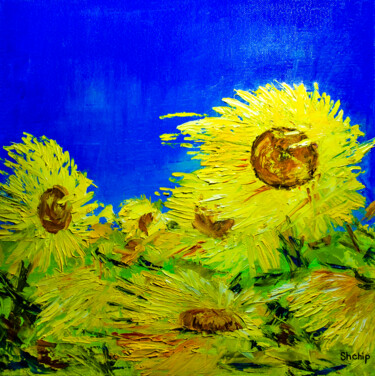 Painting titled "Sunflowers under th…" by Natalia Shchipakina, Original Artwork, Oil Mounted on Wood Stretcher frame