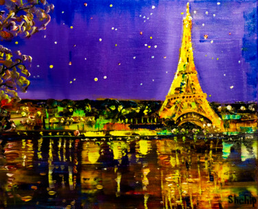 Painting titled "Night Paris. Reflec…" by Natalia Shchipakina, Original Artwork, Oil Mounted on Wood Stretcher frame