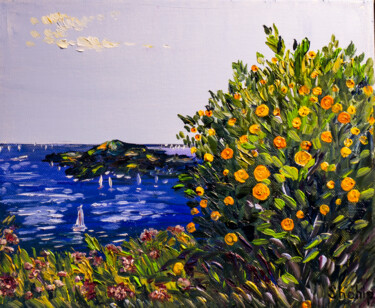 Painting titled "Seascape with tange…" by Natalia Shchipakina, Original Artwork, Oil Mounted on Wood Stretcher frame