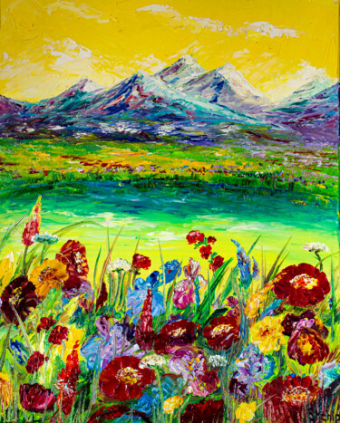 「Alps. Meadow flowers」というタイトルの絵画 Natalia Shchipakinaによって, オリジナルのアートワーク, オイル ウッドストレッチャーフレームにマウント