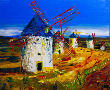 Painting titled "Don Quijote Mills" by Natalia Shchipakina, Original Artwork, Oil Mounted on Wood Stretcher frame