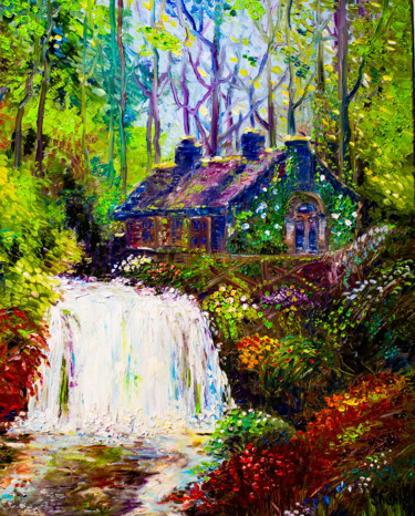 Painting titled "House by the forest…" by Natalia Shchipakina, Original Artwork, Oil Mounted on Wood Stretcher frame