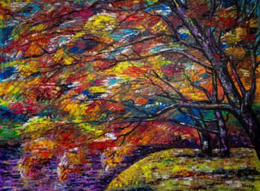 Painting titled "Japan. Autumn maples" by Natalia Shchipakina, Original Artwork, Oil Mounted on Wood Stretcher frame