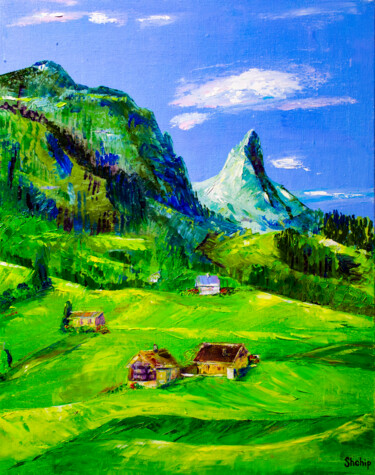 Painting titled "Switzerland. Alps" by Natalia Shchipakina, Original Artwork, Oil Mounted on Wood Stretcher frame