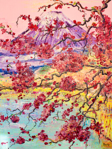 Painting titled "Fujiyama. Sakura br…" by Natalia Shchipakina, Original Artwork, Oil Mounted on Wood Stretcher frame