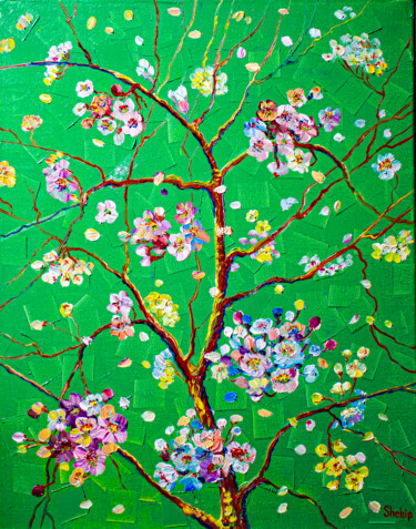 Painting titled "Sakura. Japan" by Natalia Shchipakina, Original Artwork, Oil Mounted on Wood Stretcher frame