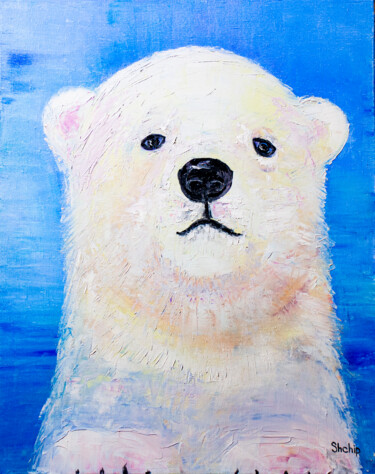 Painting titled "White baby bear" by Natalia Shchipakina, Original Artwork, Oil Mounted on Wood Stretcher frame