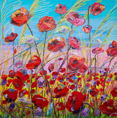 Painting titled "Scarlet poppies" by Natalia Shchipakina, Original Artwork, Oil Mounted on Wood Stretcher frame