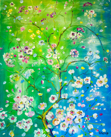 Painting titled "Cherry branch. Spri…" by Natalia Shchipakina, Original Artwork, Oil Mounted on Wood Stretcher frame