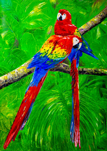 Ζωγραφική με τίτλο "Parrots in a tropic…" από Natalia Shchipakina, Αυθεντικά έργα τέχνης, Λάδι Τοποθετήθηκε στο Ξύλινο φορεί…