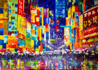 Painting titled "Japan. Tokyo in the…" by Natalia Shchipakina, Original Artwork, Oil Mounted on Wood Stretcher frame