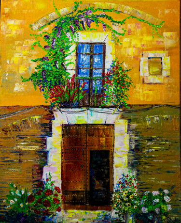 Painting titled "Old town. Opened do…" by Natalia Shchipakina, Original Artwork, Oil Mounted on Wood Stretcher frame